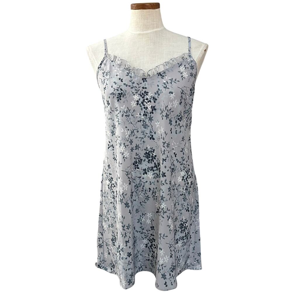 Vintage Gilligan O'Malley Floral Slip Chemise Dress M Blue Gray Ruffle 90s Y2K